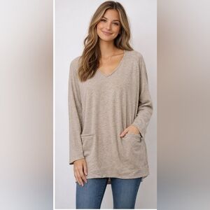 J.Jill 4X Taupe Knit Tunic Top V-Neck Long Sleeve Pockets Plus Size Relaxed